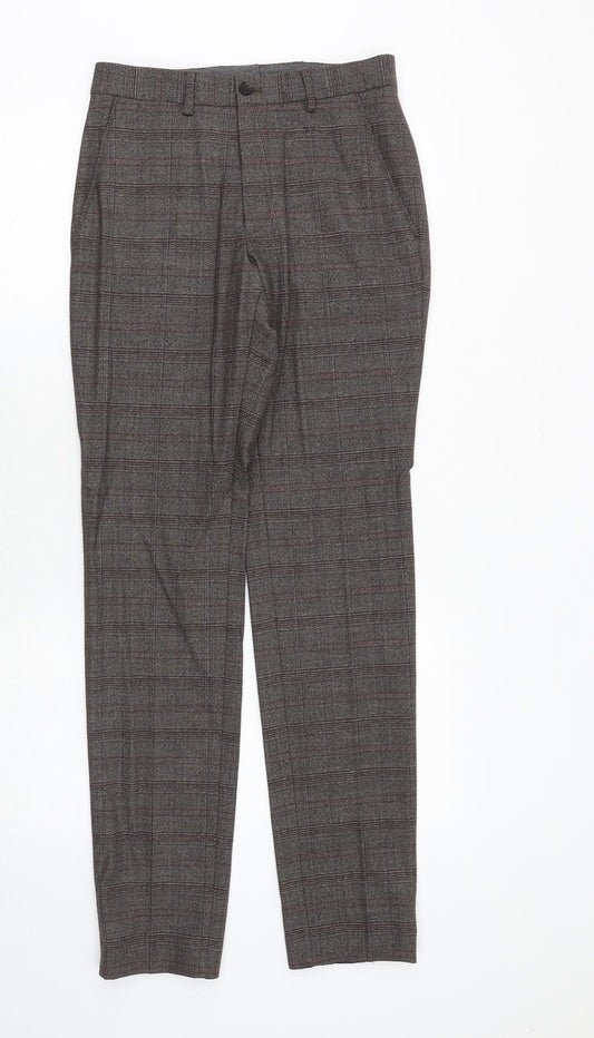 Marks and Spencer Mens Grey Plaid Cotton Chino Trousers Size 26 in Regular Zip