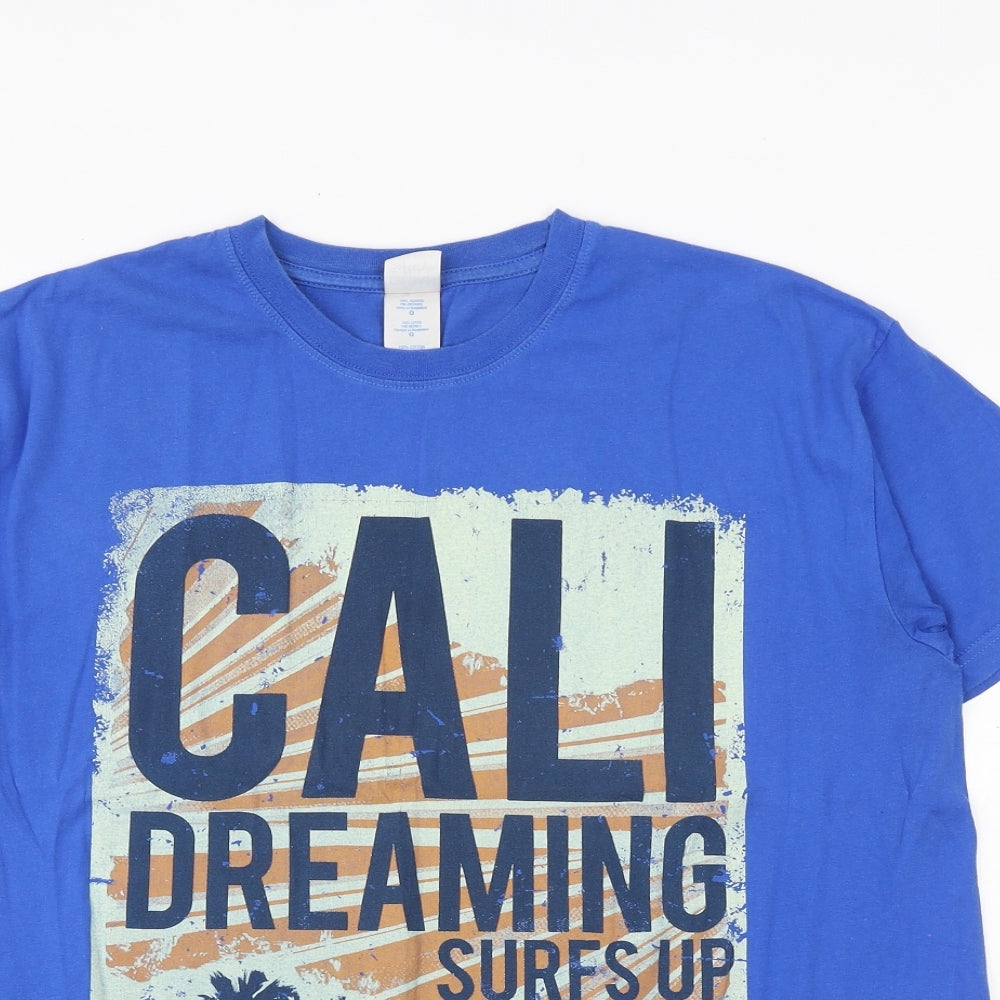 Gildan Mens Blue Cotton T-Shirt Size L Round Neck - Cali Dreaming