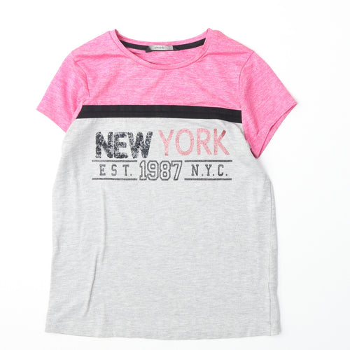 George Girls Grey Polyester Basic T-Shirt Size 10-11 Years Round Neck Pullover - New York