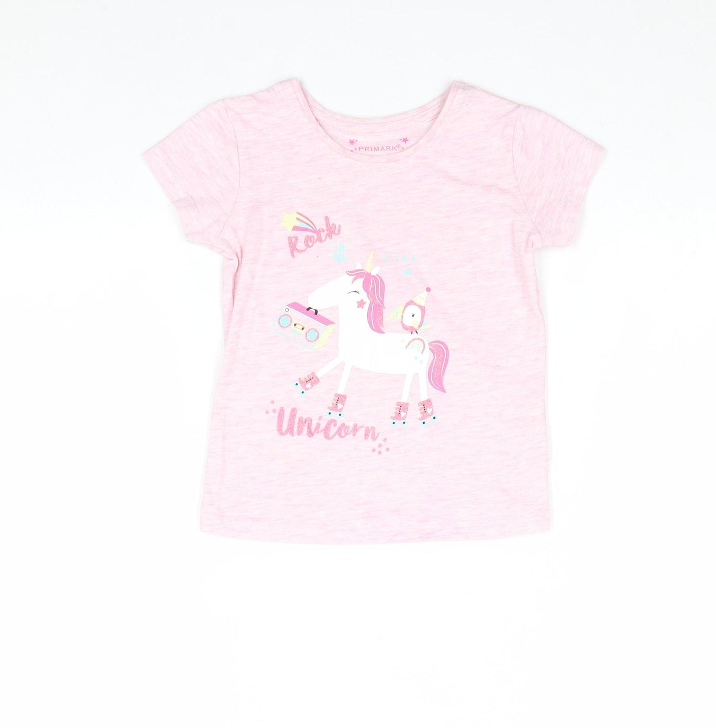 Primark Girls Pink Cotton Basic T-Shirt Size 4-5 Years Round Neck Pullover - Unicorn