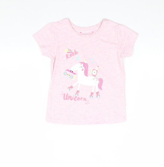 Primark Girls Pink Cotton Basic T-Shirt Size 4-5 Years Round Neck Pullover - Unicorn