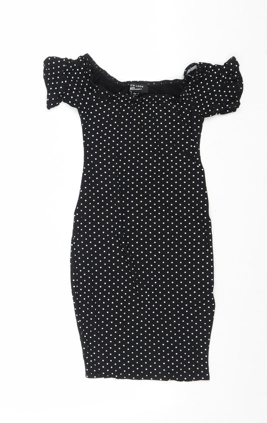 New Look Girls Black Polka Dot Viscose Shift Size 9 Years Off the Shoulder Pullover