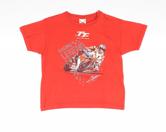 Fruit of the Loom Boys Red 100% Cotton Basic T-Shirt Size 5-6 Years Round Neck Pullover - Isle Of Man TT