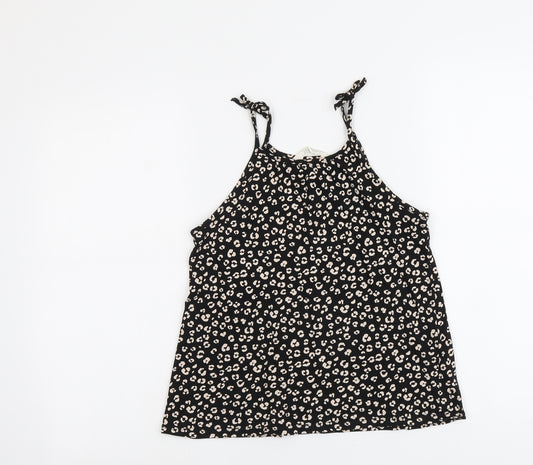H&M Girls Black Animal Print Cotton Basic Tank Size 8-9 Years Round Neck Pullover - Leopard Pattern