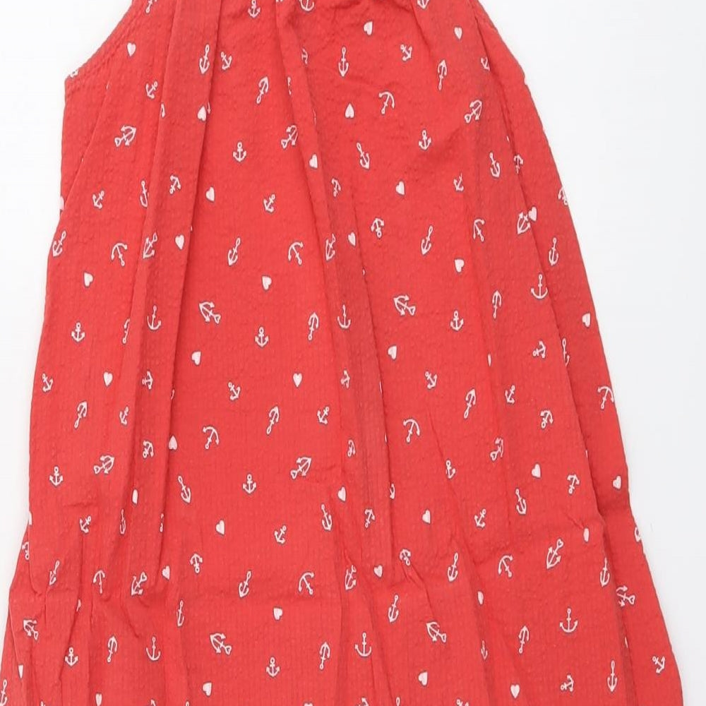 H&M Girls Red Geometric Cotton A-Line Size 9-10 Years Square Neck Pullover - Anchor Print
