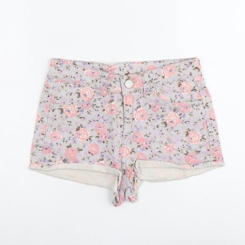 Denim & Co. Womens Grey Floral Cotton Hot Pants Shorts Size 8 L3 in Regular Button