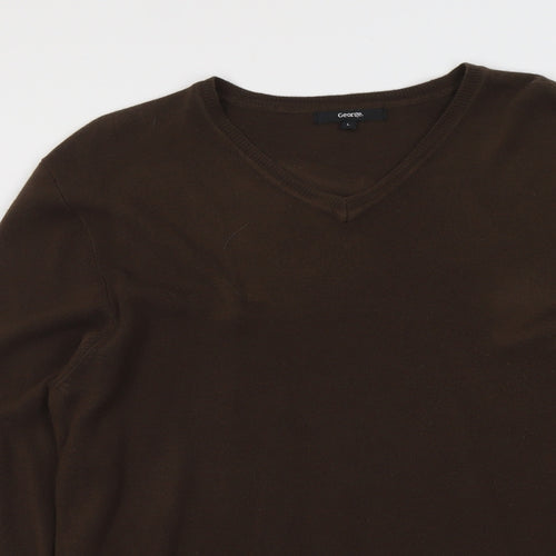 Georege Mens Brown V-Neck Acrylic Pullover Jumper Size L Long Sleeve