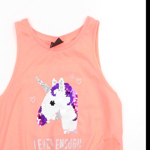 Primark Girls Pink Polyester Basic Tank Size 11-12 Years Round Neck Pullover - Unicorn Never Enough Sparkle