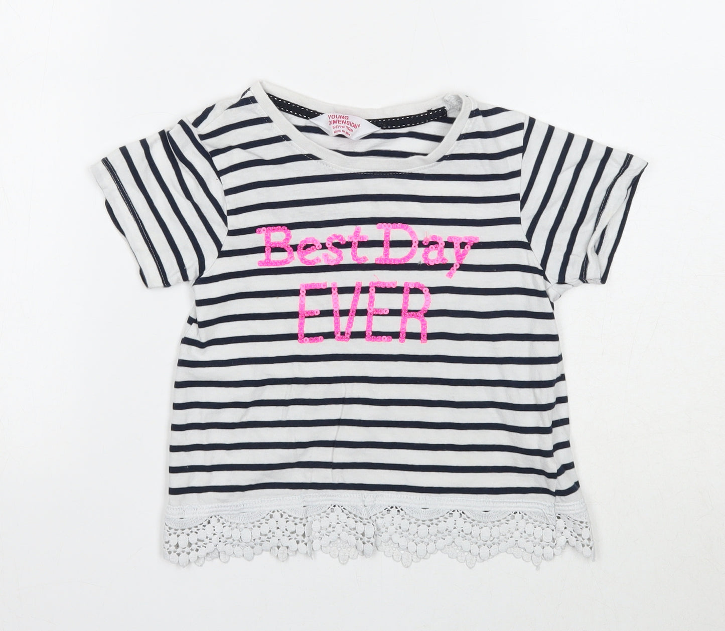 Young Dimension Girls White Striped Cotton Basic T-Shirt Size 5-6 Years Round Neck Pullover - Best Day Ever