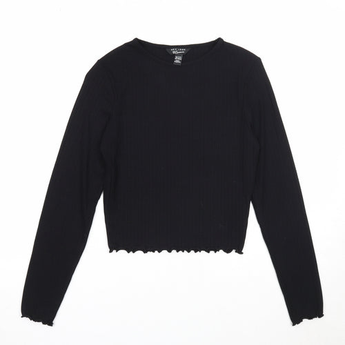 New Look Girls Black Polyester Basic T-Shirt Size 12-13 Years Round Neck Pullover - Lettuce Hem