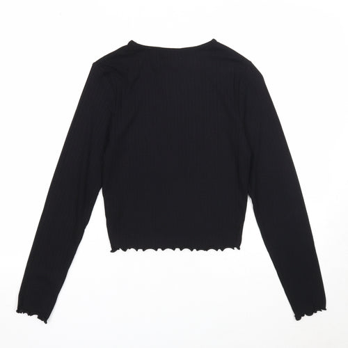 New Look Girls Black Polyester Basic T-Shirt Size 12-13 Years Round Neck Pullover - Lettuce Hem