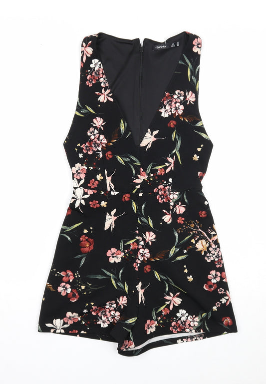 Bershka Womens Black Floral Polyester Playsuit One-Piece Size XS Zip