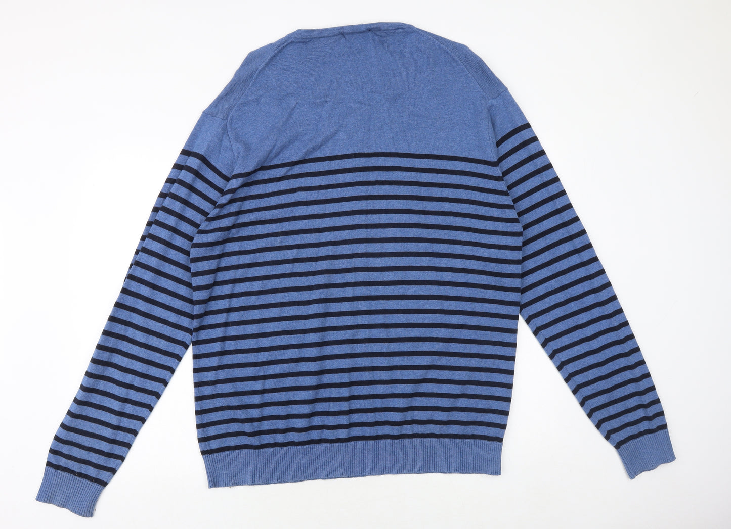 Matalan Mens Blue V-Neck Striped Cotton Pullover Jumper Size L Long Sleeve