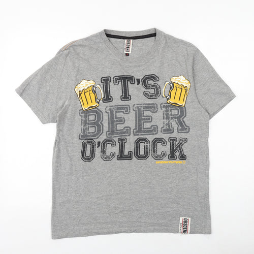 Obscene Mens Grey Cotton T-Shirt Size S Round Neck - It's Beer O'Clock