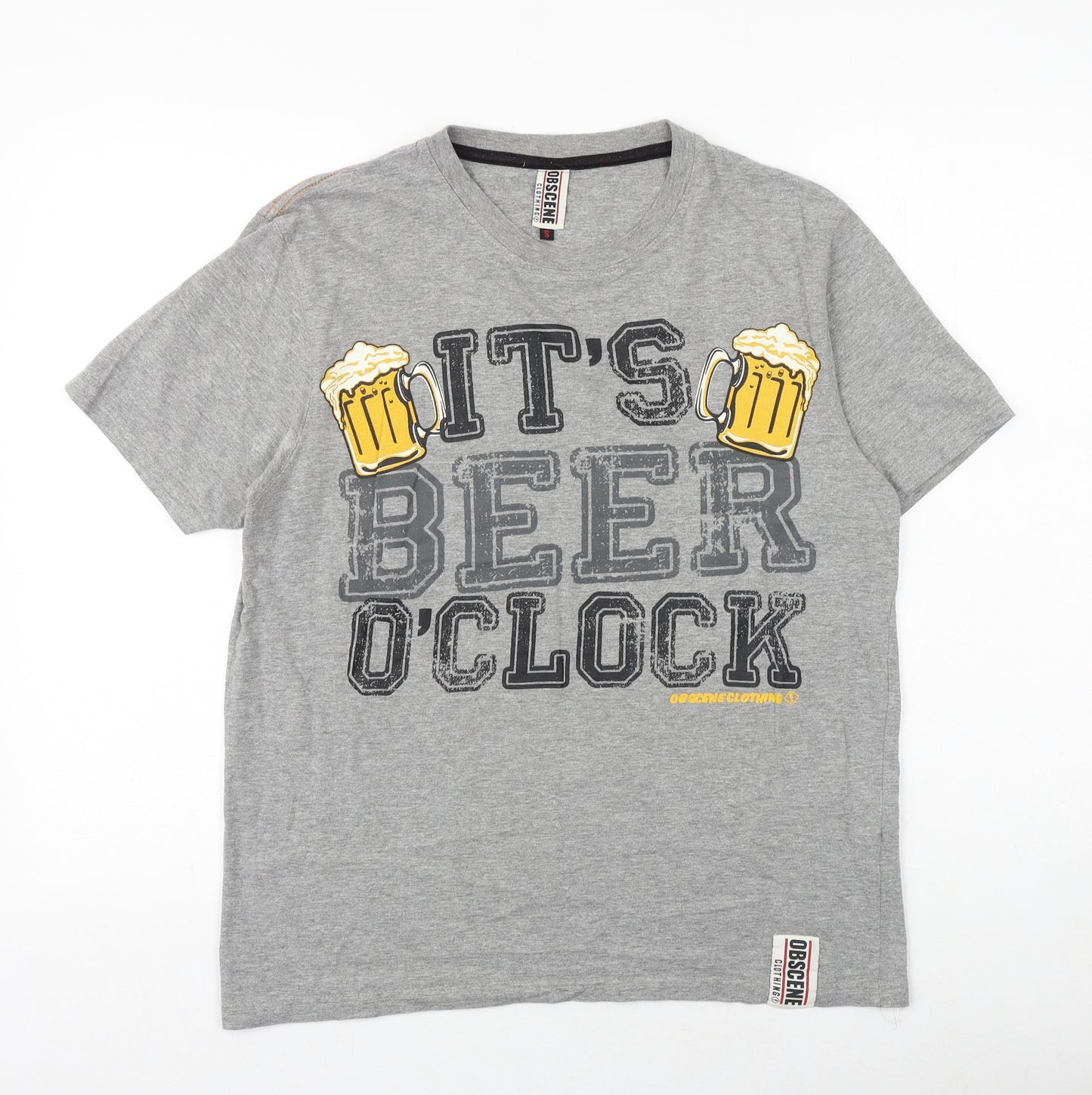 Obscene Mens Grey Cotton T-Shirt Size S Round Neck - It's Beer O'Clock
