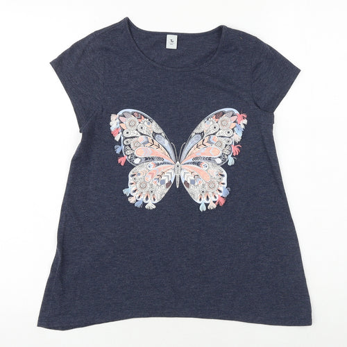 TU Girls Blue Cotton Basic T-Shirt Size 12 Years Round Neck Pullover - Butterfly