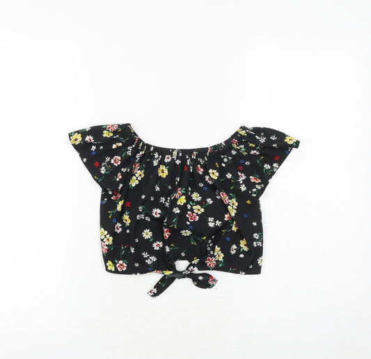 New Look Girls Black Floral Polyester Basic T-Shirt Size 10 Years Round Neck Pullover - Knot Front