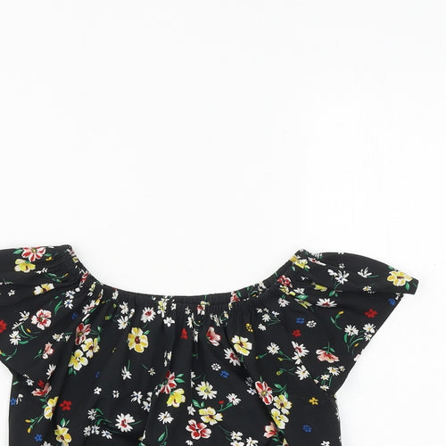 New Look Girls Black Floral Polyester Basic T-Shirt Size 10 Years Round Neck Pullover - Knot Front