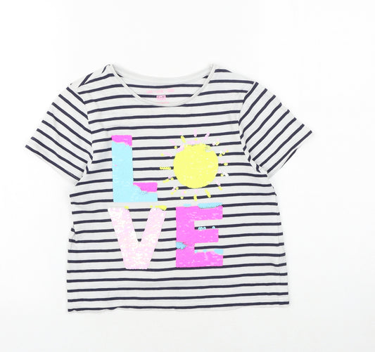 F&F Girls White Striped Cotton Basic T-Shirt Size 9-10 Years Round Neck Pullover - Love