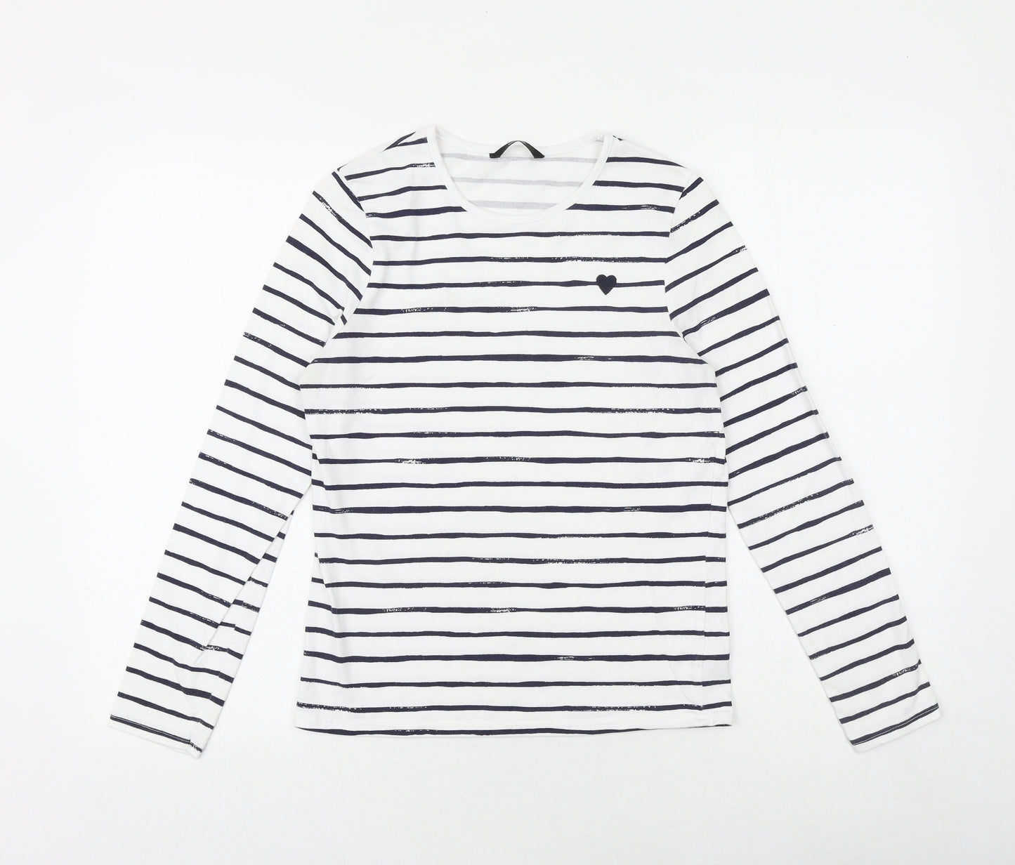 George Girls White Striped 100% Cotton Basic T-Shirt Size 13-14 Years Round Neck Pullover - Heart