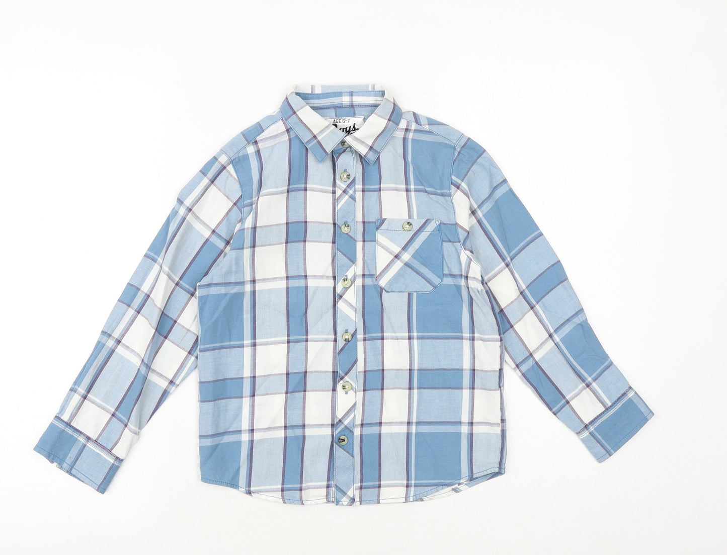 Matalan Boys Blue Plaid 100% Cotton Basic Button-Up Size 6-7 Years Collared Button