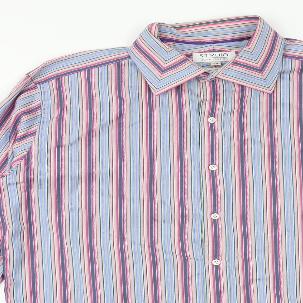 Jeff Banks Mens Multicoloured Striped 100% Cotton Dress Shirt Size 16 Collared Button