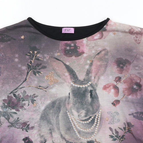 F&F Girls Multicoloured Polyester Basic T-Shirt Size 12-13 Years Round Neck Pullover - Rabbit