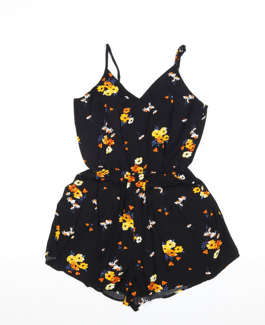 H&M Womens Black Floral Viscose Playsuit One-Piece Size 6 Pullover