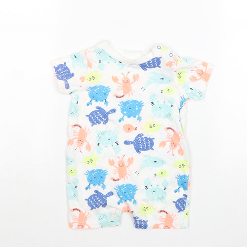 Lullaby Boys White Geometric 100% Cotton Romper One-Piece Size 0-3 Months Snap - Beach animals