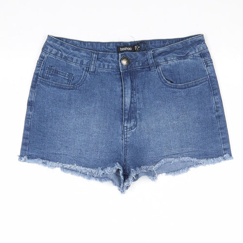 Boohoo Womens Blue Cotton Cut-Off Shorts Size 10 Regular Zip