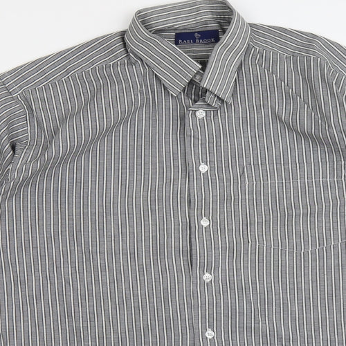 Rael Brook Mens Grey Striped Polyester Button-Up Size L Collared Button