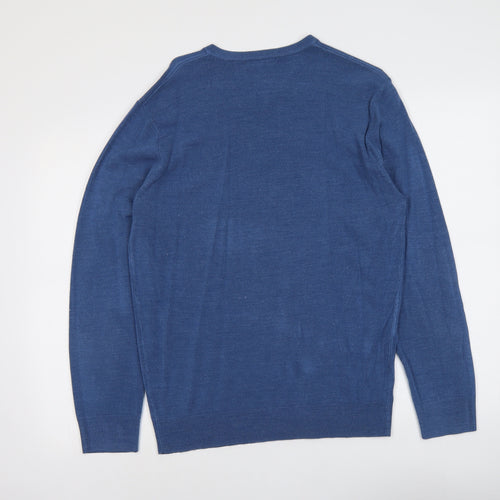 Debenhams Mens Blue V-Neck Acrylic Pullover Jumper Size S Long Sleeve