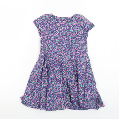 Mothercare Girls Purple Floral Cotton A-Line Size 3-4 Years Round Neck Button