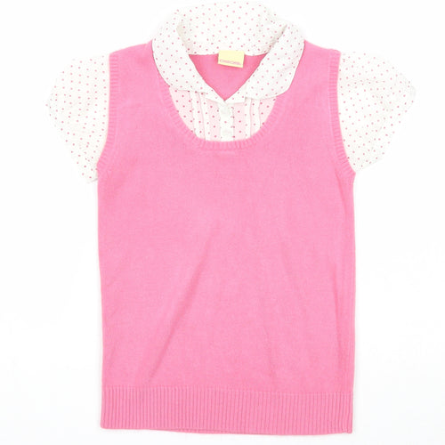 Cherokee Girls Pink Polka Dot Polyester Basic Blouse Size 10-11 Years Collared Button - 2 in 1 Shirt/Vest Jumper