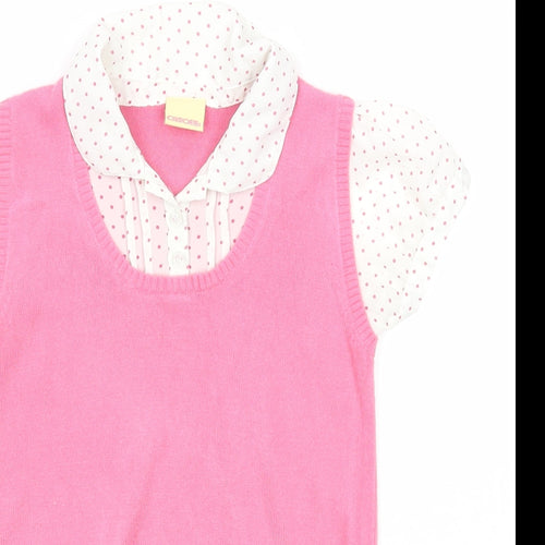 Cherokee Girls Pink Polka Dot Polyester Basic Blouse Size 10-11 Years Collared Button - 2 in 1 Shirt/Vest Jumper