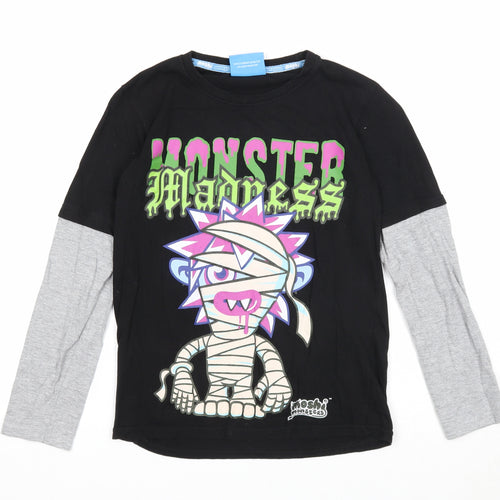 Tesco Boys Black Herringbone Cotton Basic T-Shirt Size 8-9 Years Roll Neck Pullover - Moshi Monsters Monster Madness
