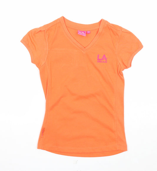 LA Gear Girls Orange Polyester Basic T-Shirt Size 7-8 Years V-Neck Pullover