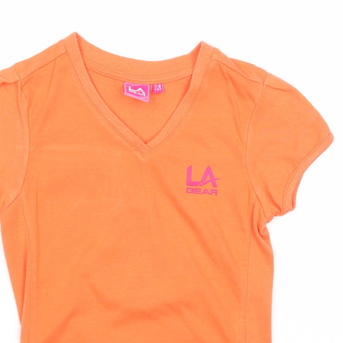 LA Gear Girls Orange Polyester Basic T-Shirt Size 7-8 Years V-Neck Pullover