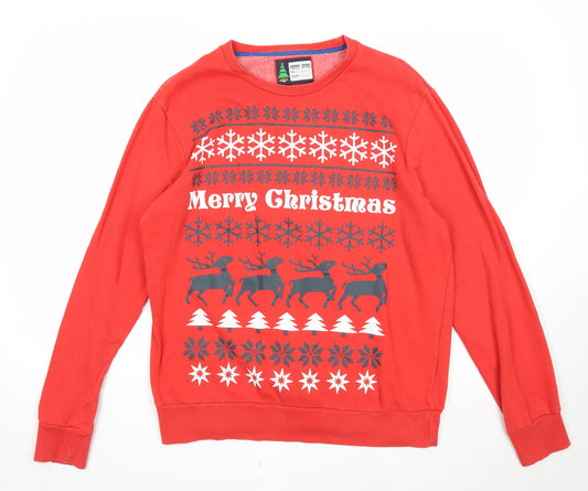 Preworn Mens Red Geometric Cotton Pullover Sweatshirt Size M - Merry Christmas
