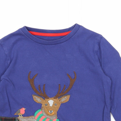 Mini Boden Boys Blue Cotton Basic T-Shirt Size 6-7 Years Round Neck Pullover - Reindeer Christmas
