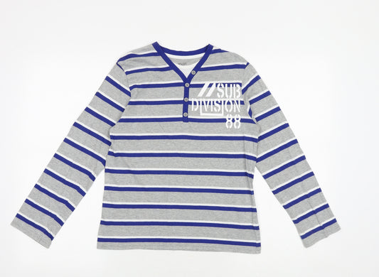 F&F Boys Grey Striped 100% Cotton Basic T-Shirt Size 11-12 Years V-Neck Pullover