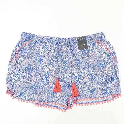 Primark Womens Blue Geometric Viscose Basic Shorts Size 10 Regular Tie