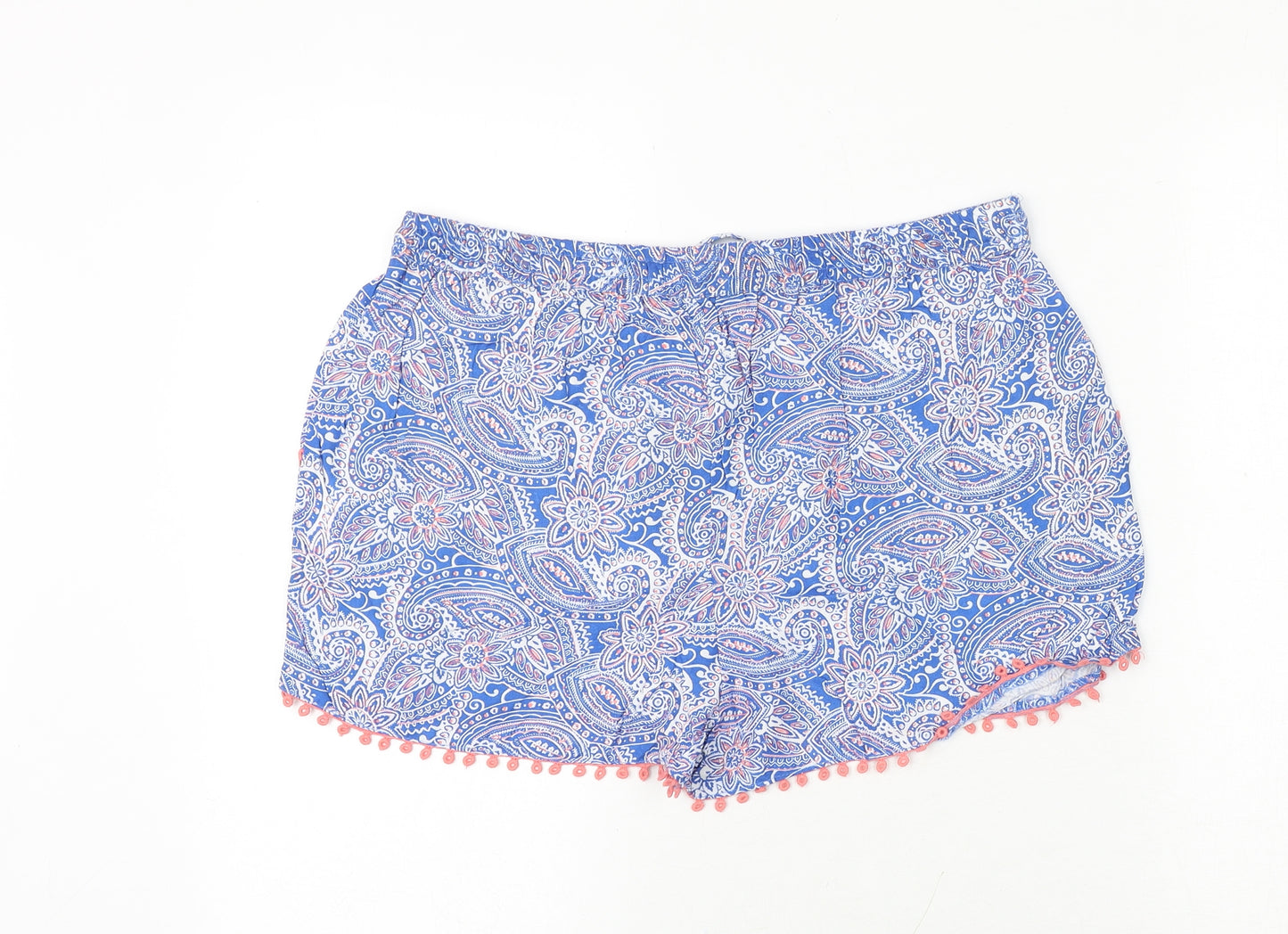 Primark Womens Blue Geometric Viscose Basic Shorts Size 10 Regular Tie