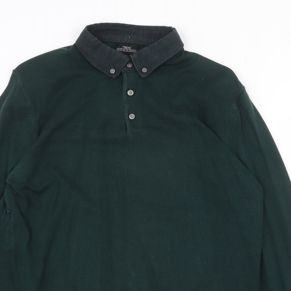 NEXT Mens Green Collared Cotton Pullover Jumper Size M Long Sleeve