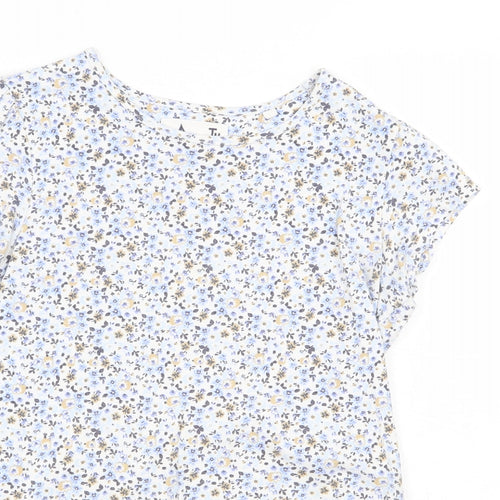 TU Girls Blue Floral 100% Cotton Basic T-Shirt Size 12 Years Round Neck Pullover