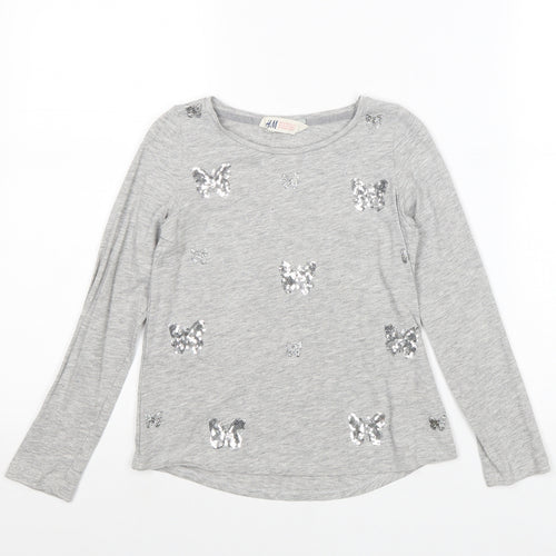 H&M Girls Grey Geometric Cotton Basic T-Shirt Size 7-8 Years Round Neck Pullover - Butterfly Pattern
