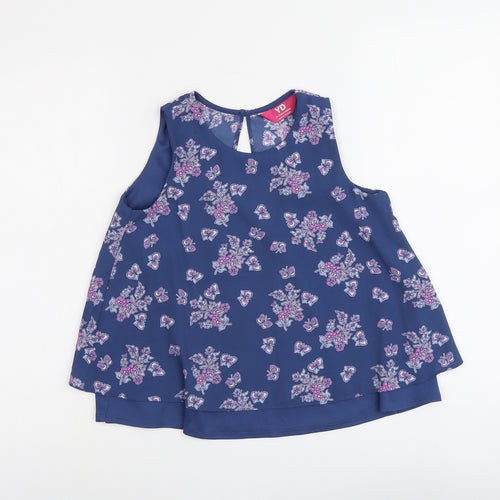 Young Dimension Girls Blue Floral Polyester Basic Tank Size 9-10 Years Round Neck Button