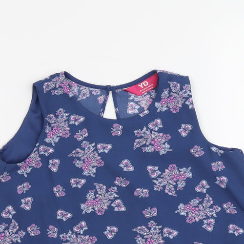 Young Dimension Girls Blue Floral Polyester Basic Tank Size 9-10 Years Round Neck Button