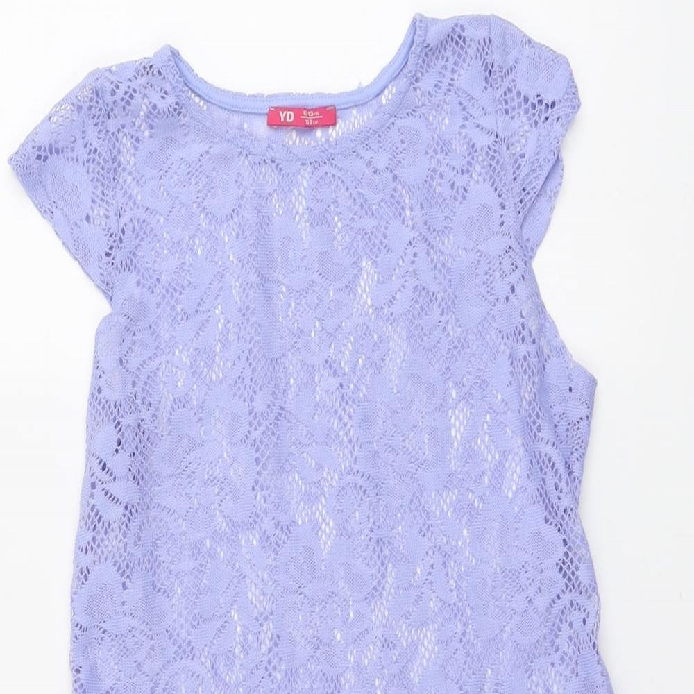 Young Dimension Girls Purple Floral Polyester Basic Blouse Size 12-13 Years Round Neck Pullover