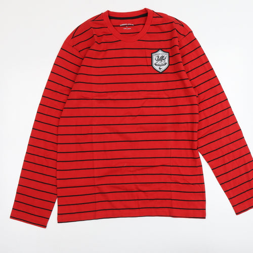 Cardiff City FC Mens Red Striped Cotton T-Shirt Size L Round Neck